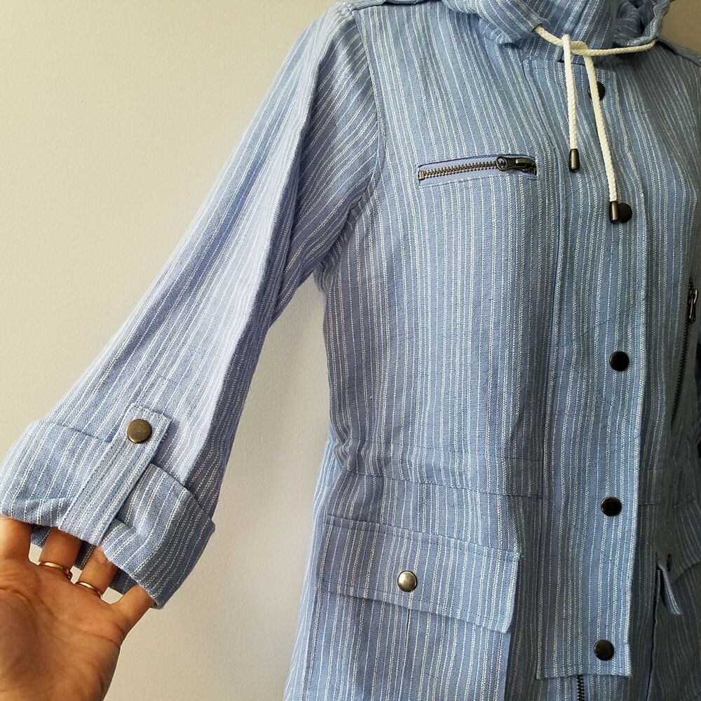 Joie women Anorak jacket Barker Linen Striped Hooded blue white fabric sz S New - Picture 6 of 9